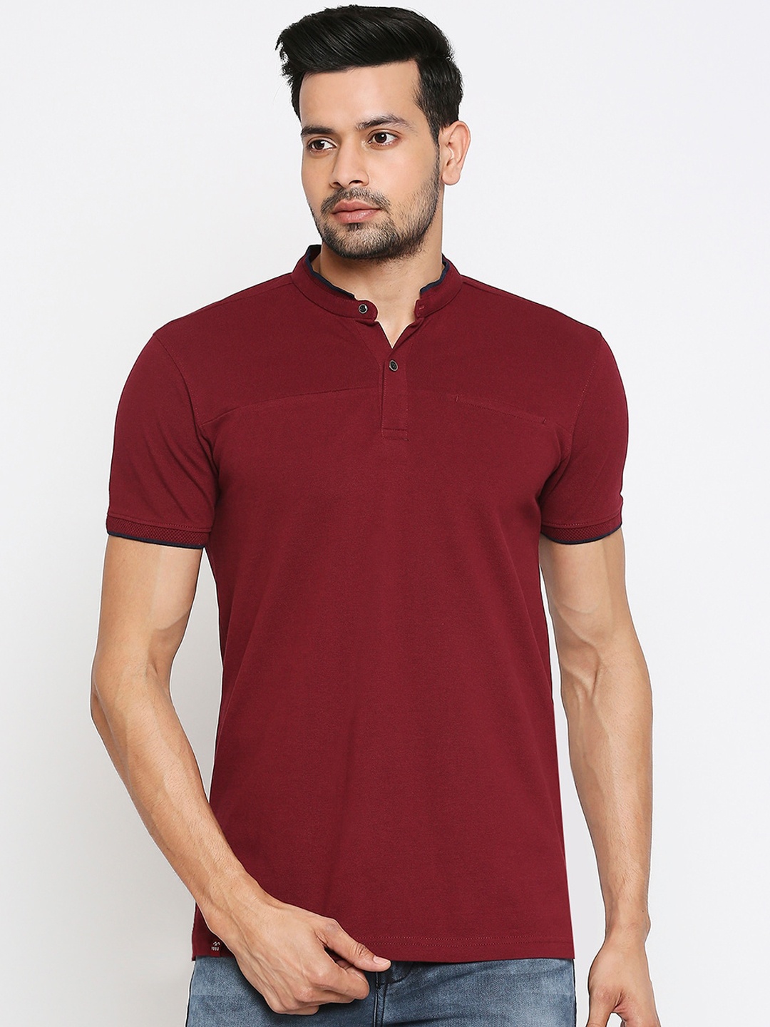 Mufti Men Maroon Solid Mandarin Collar T-shirt