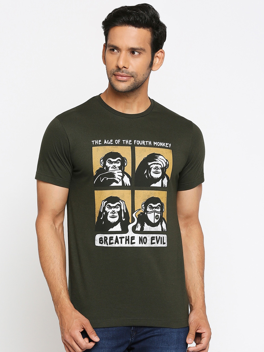 Mufti Men Olive Green Printed Round Neck T-shirt