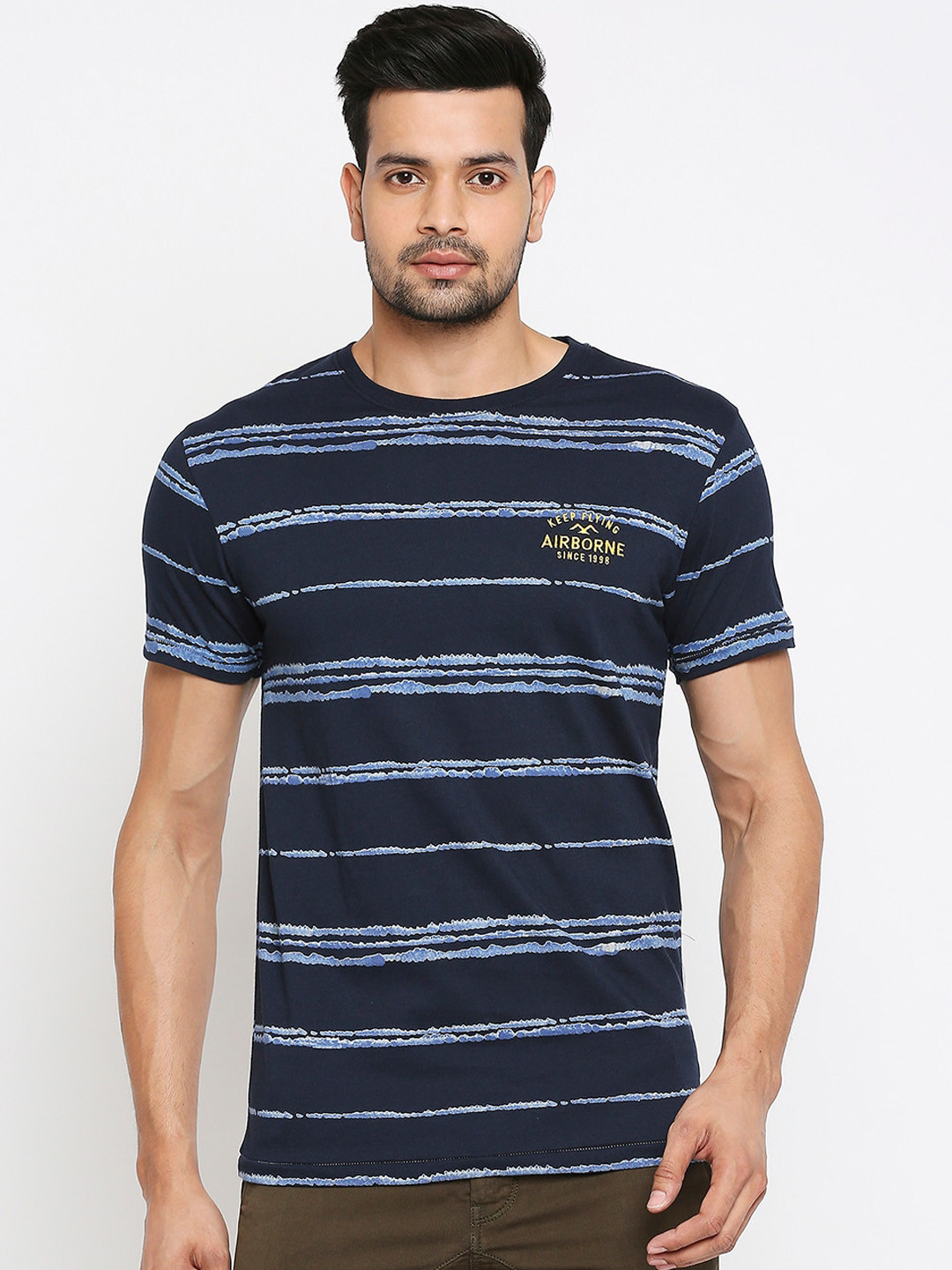 Mufti Men Navy Blue Striped Round Neck Cotton Pure Cotton T-shirt 
Mufti Men Navy Blue Striped Round Neck Cotton Pure Cotton T-shirt