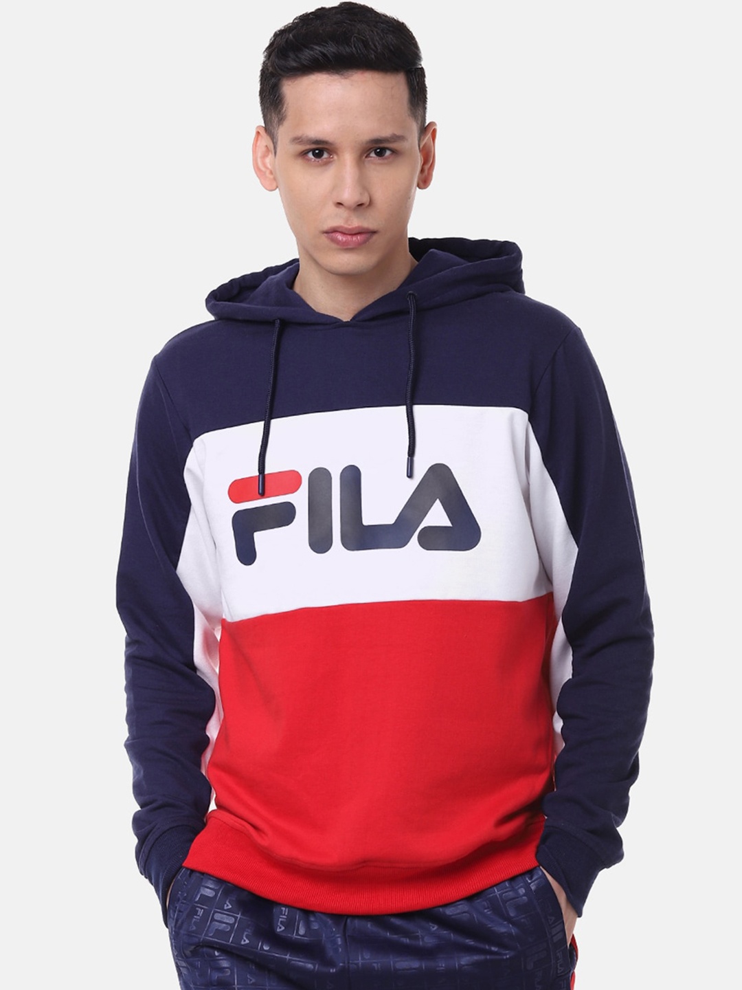 FILA Men Peach-Coloured Colourblocked Hooded Sweatshirt