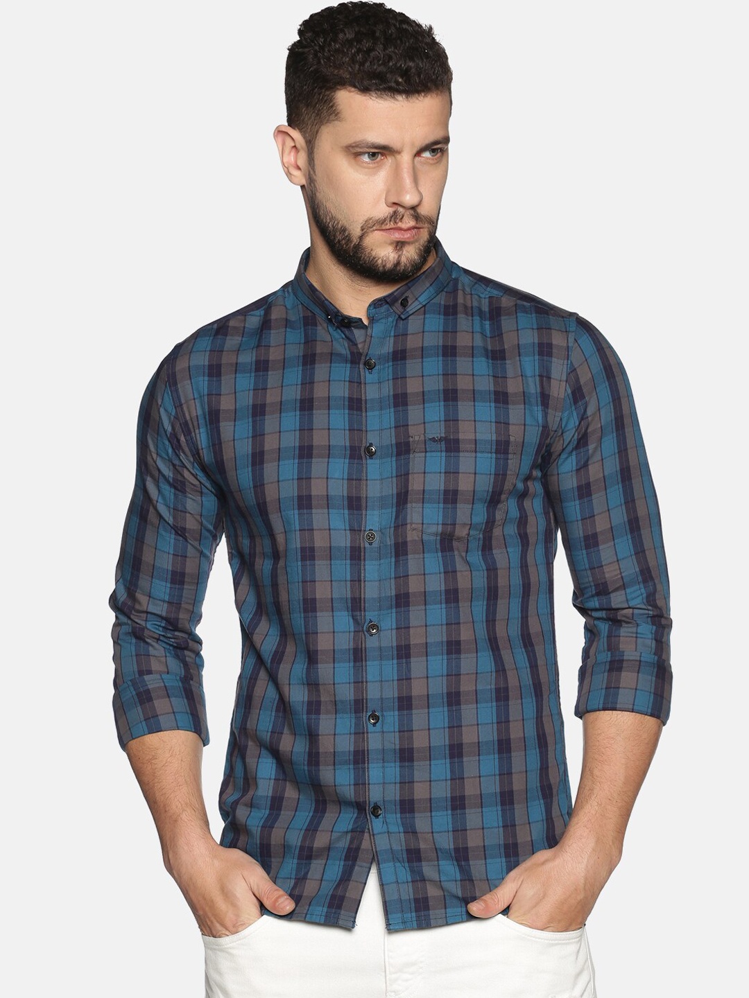 SHOWOFF Men Blue Slim Fit Checked Casual Shirt