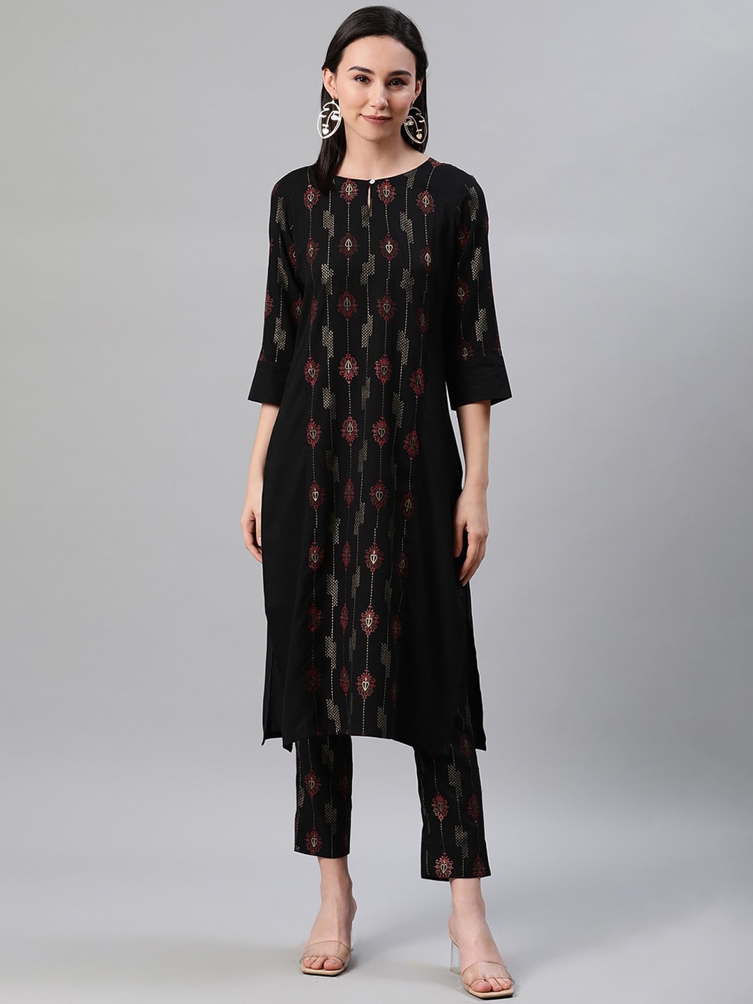ZIYAA Women Black Foil Printed Kurta with Trousers