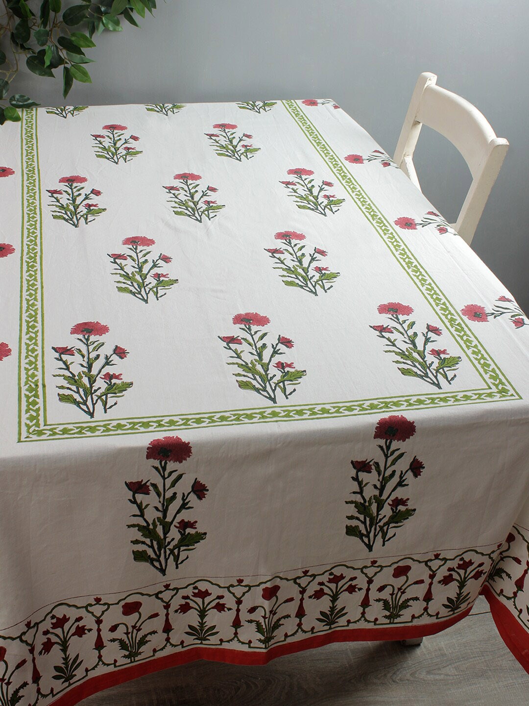 Rajasthan Decor White & Red Floral Printed 6-Seater Sustainable Table Cover