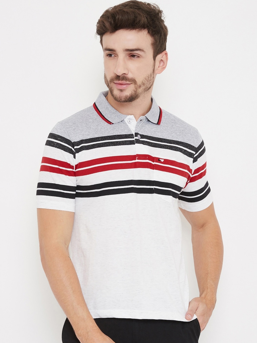 NEVA Men Grey & White Striped Polo Collar T-shirt