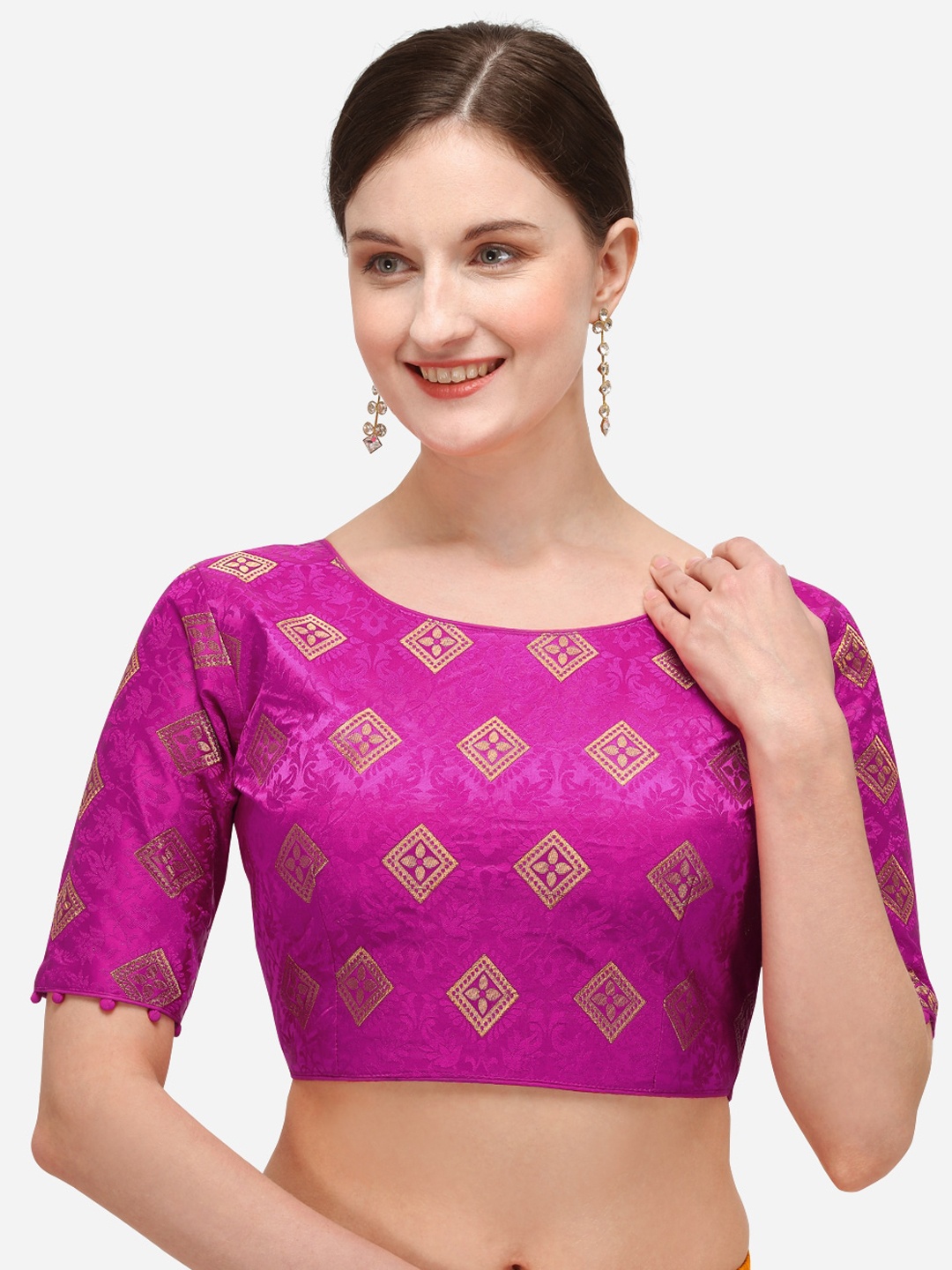 Fab Dadu Women Pink & Golden-Coloured Woven-Design Jacquard Saree Blouse