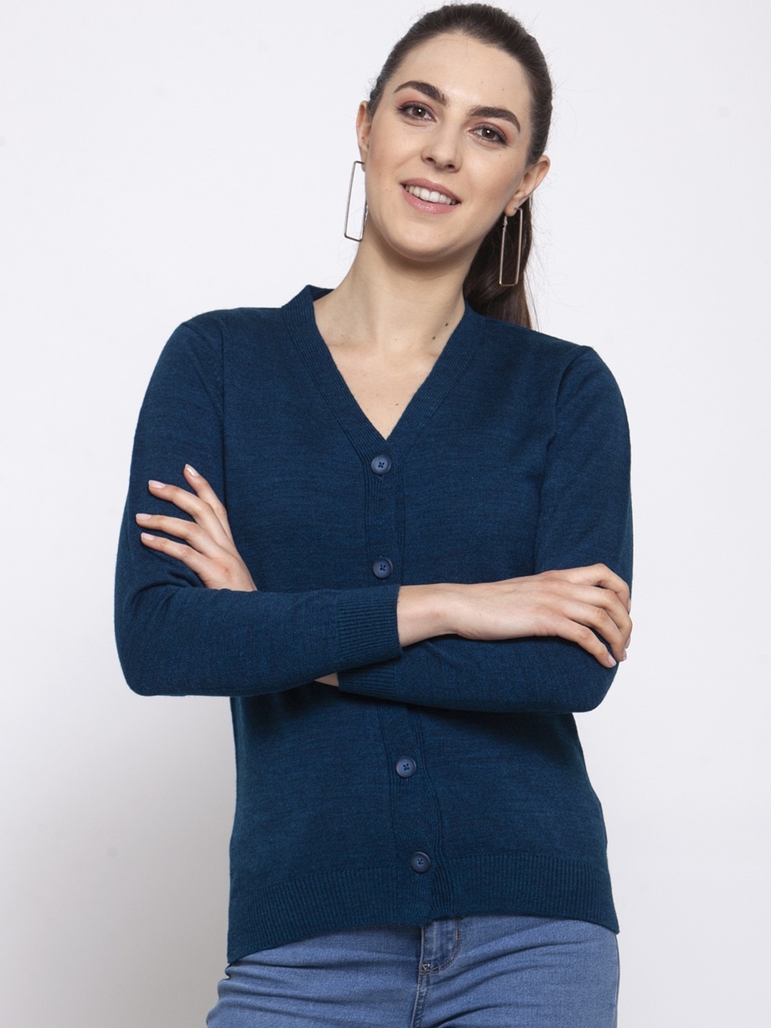 Kalt Women Navy Blue Solid Cardigan Sweater