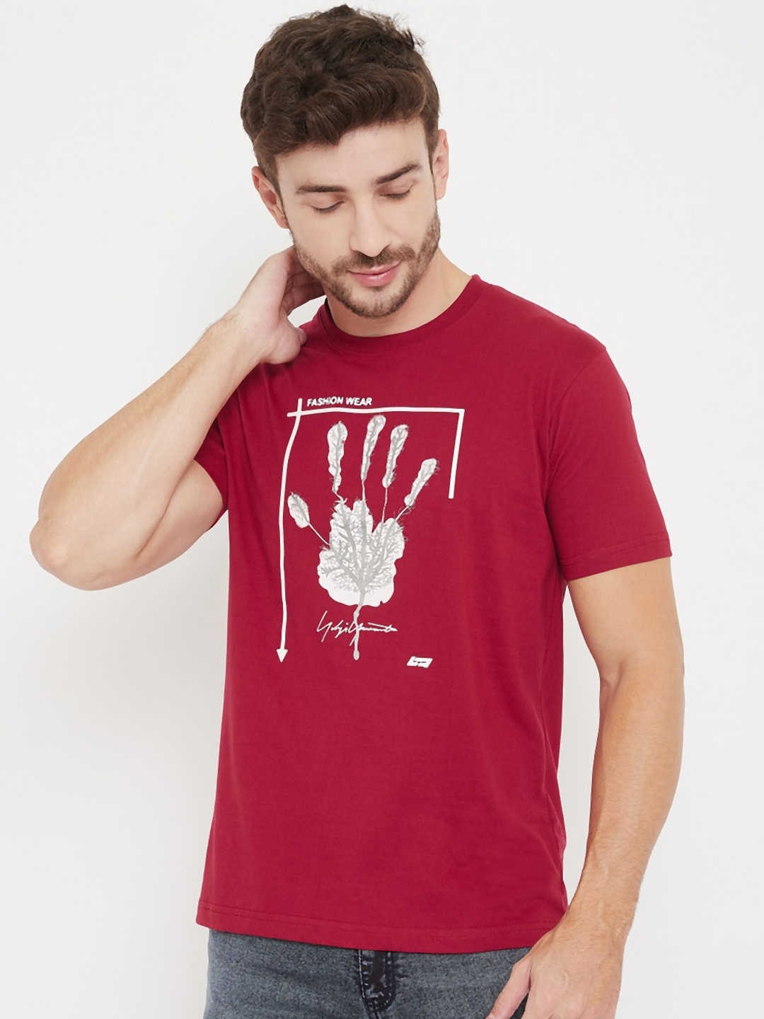 NEVA Men Maroon Printed Round Neck T-shirt