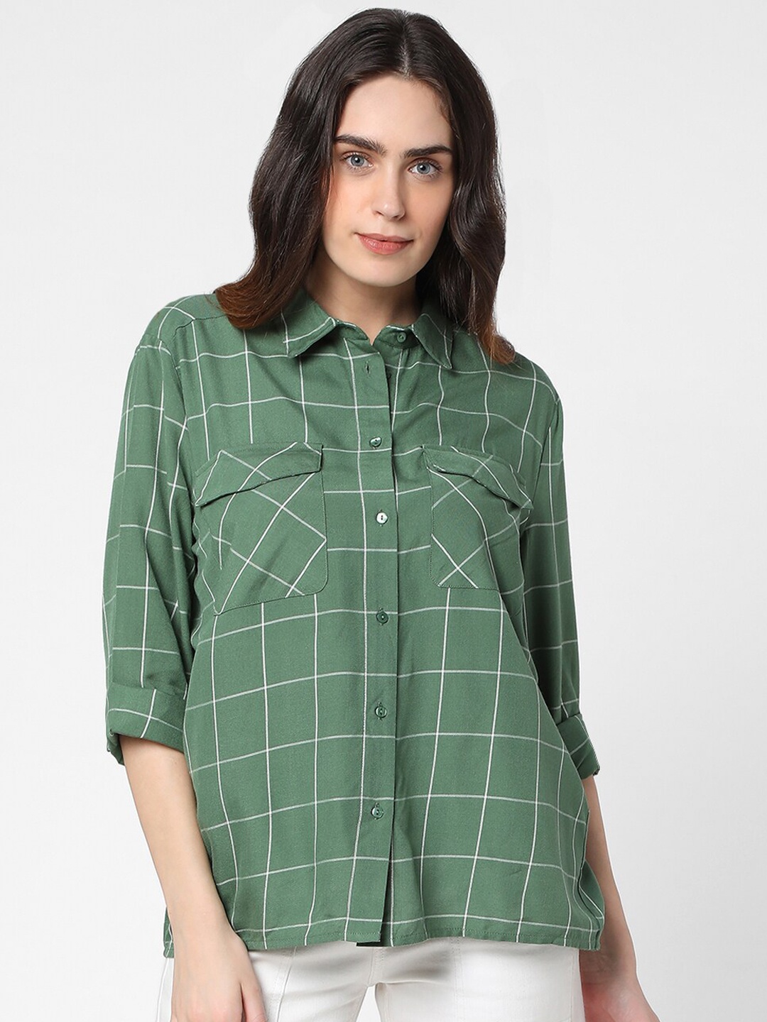 Vero Moda Women Green & Off-White Checked Casual Shirt