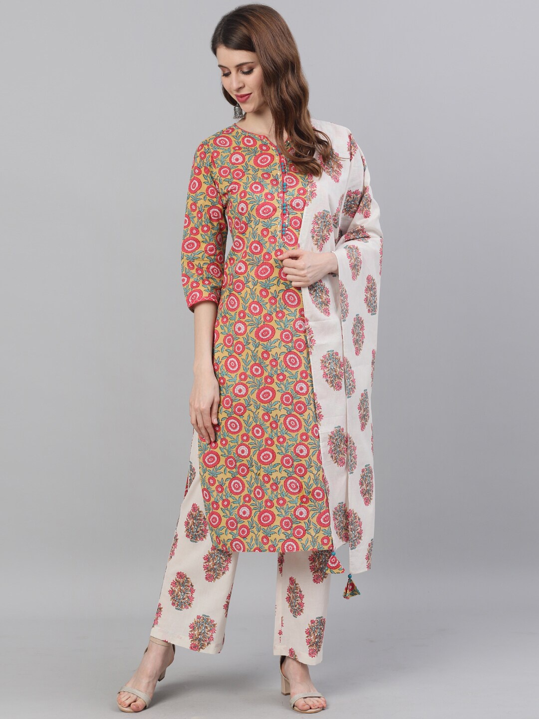 Jaipur Kurti Women Yellow & Cream-Coloured Printed Kurta with Trousers & Dupatta