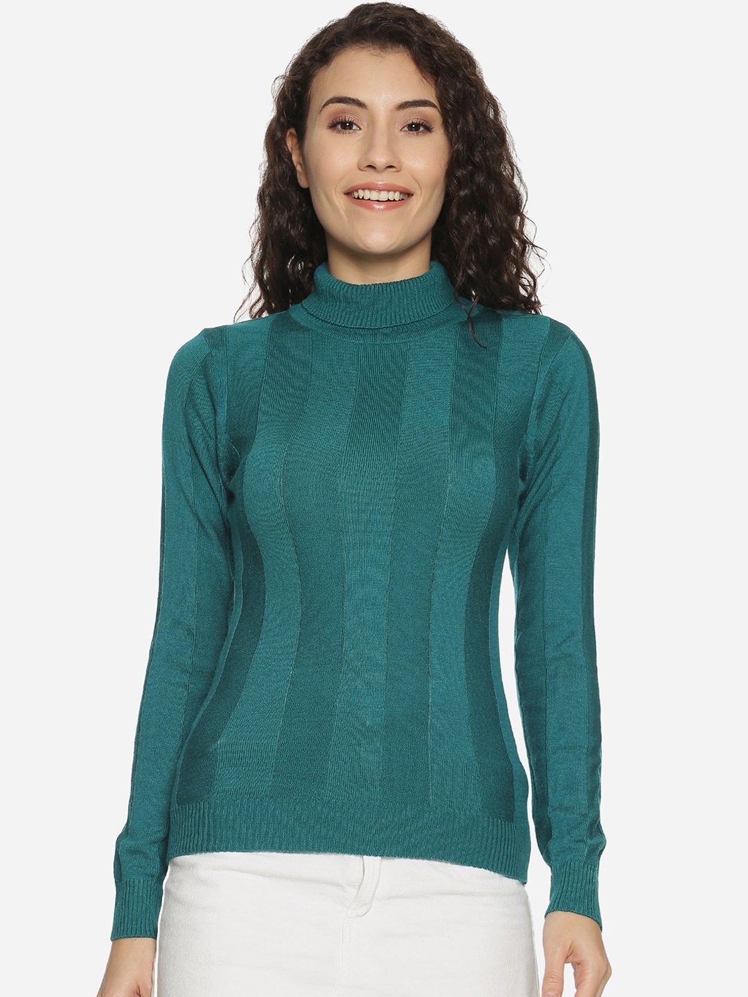 BEVERLY BLUES Women Teal Green Self Design Pullover Sweater