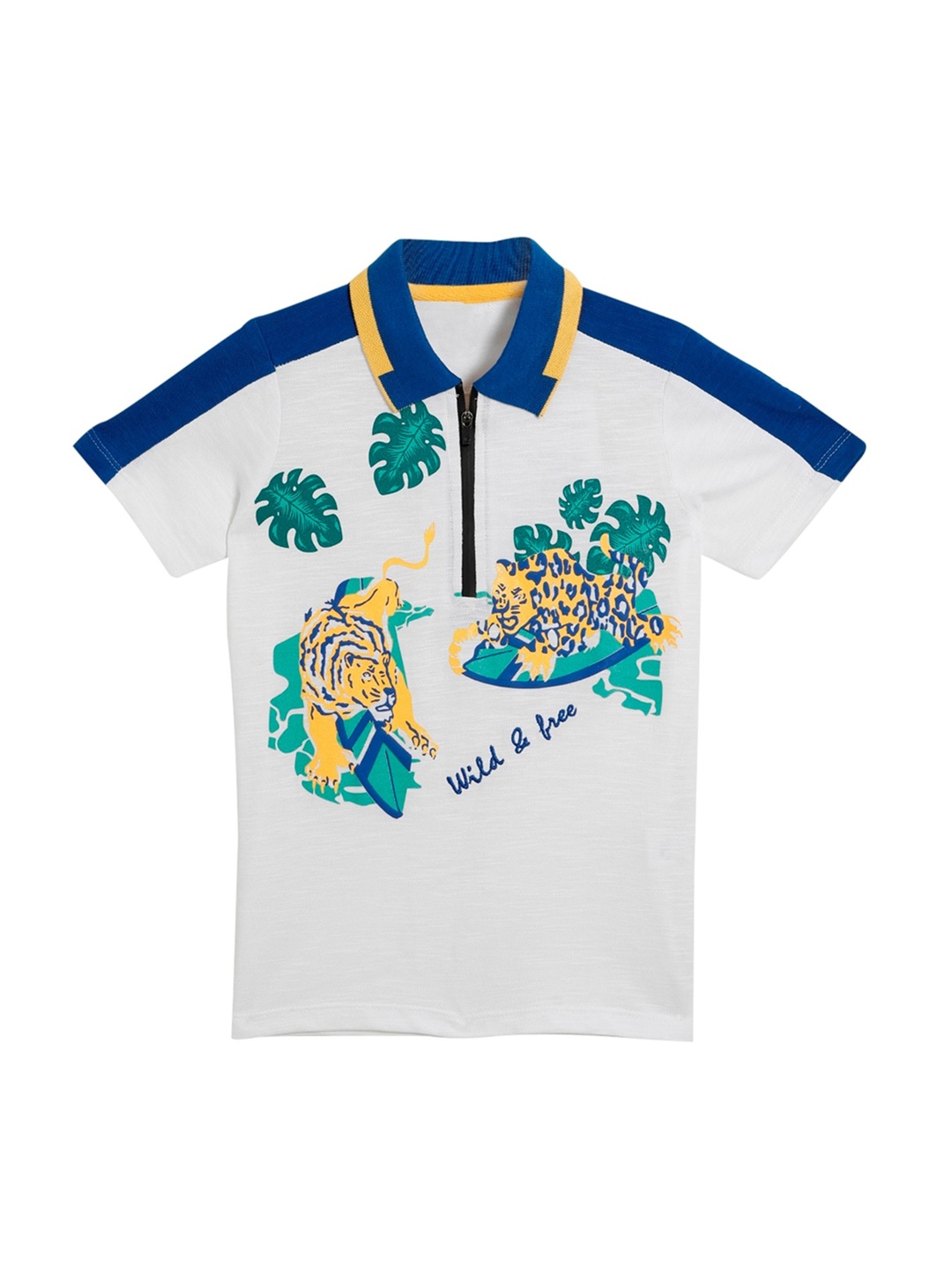 UNDER FOURTEEN ONLY Boys White Printed Polo Collar T-shirt