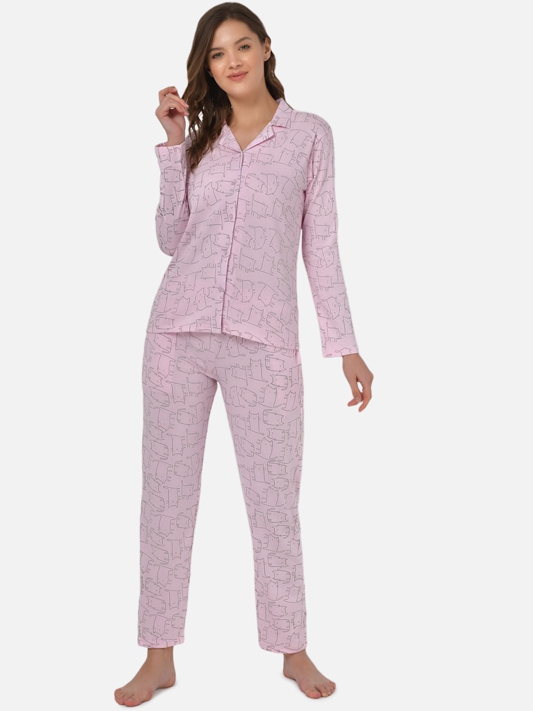 Klamotten Women Pink & Grey Printed Night suit