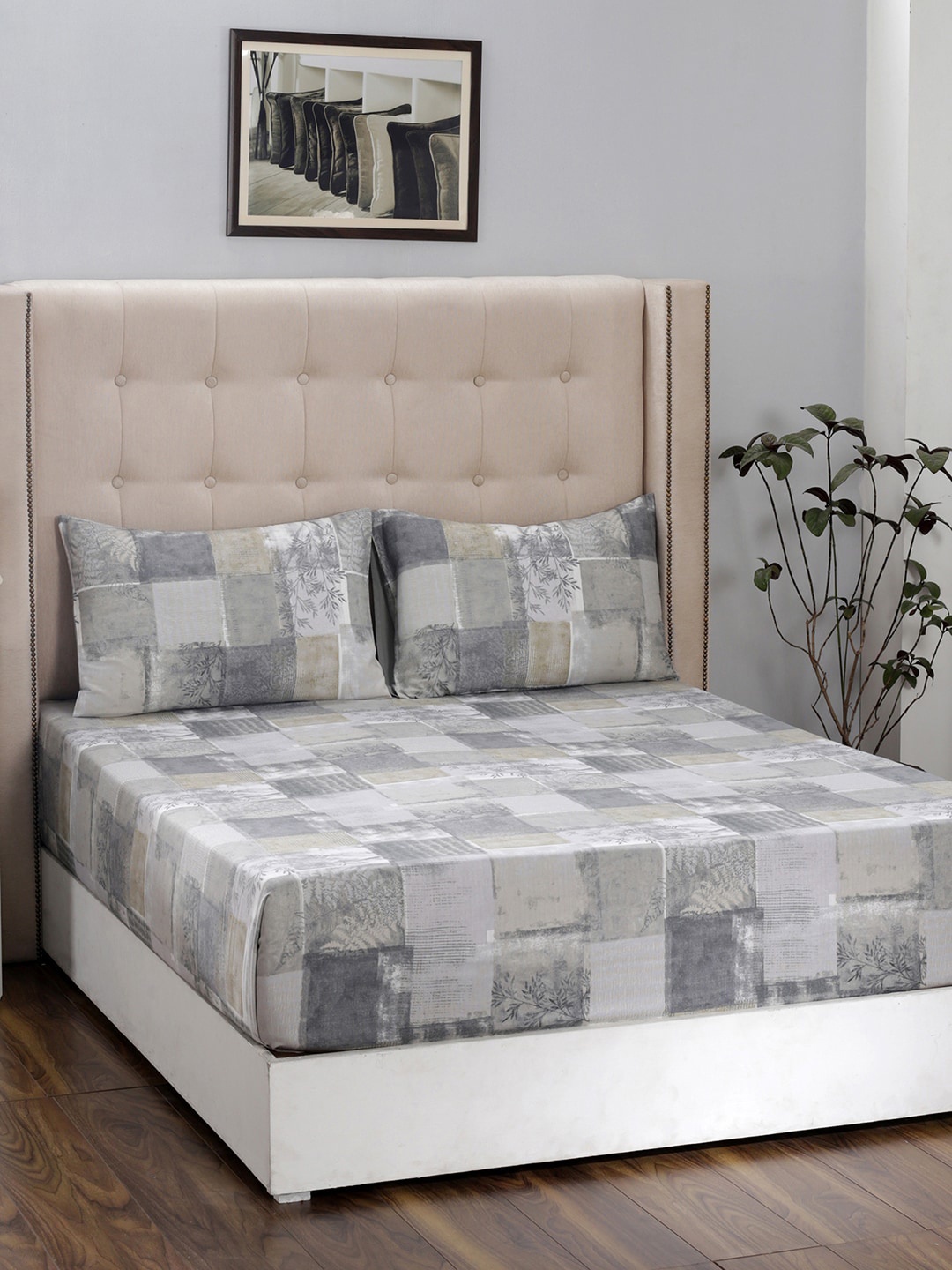 MASPAR Grey Geometric 210 TC Cotton 1 King Bedsheet with 2 Pillow Covers
