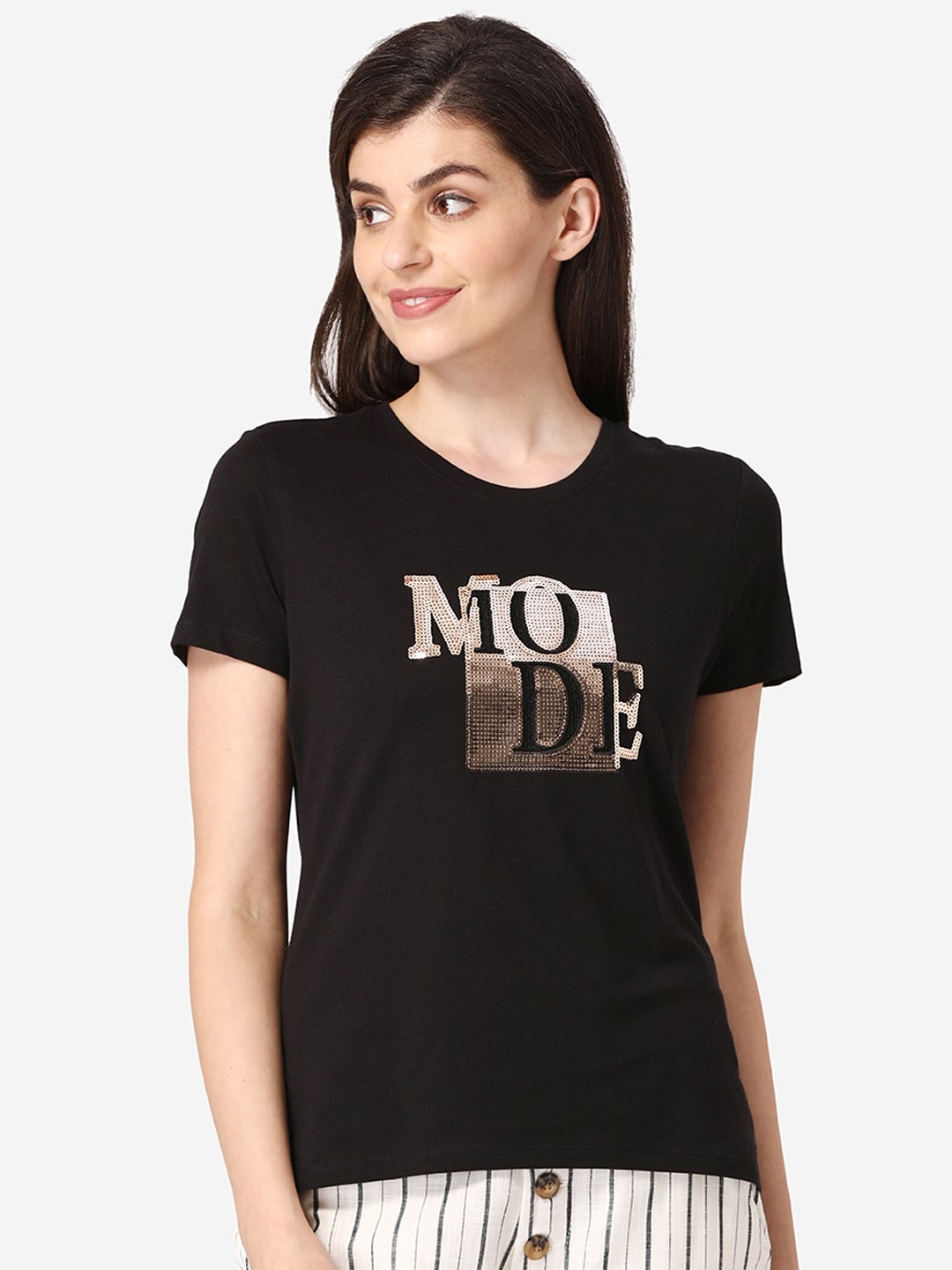 Mode by Red Tape Women Black Printed Round Neck T-shirt