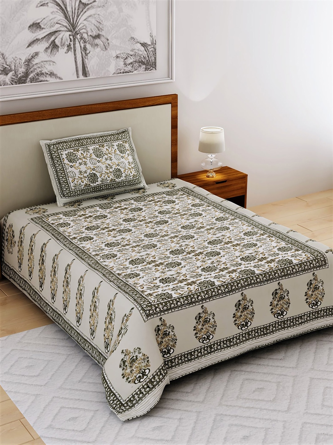 Salona Bichona White & Green Ethnic Motifs 120 TC Cotton 1 Single Bedsheet with 1 Pillow Covers
Salona Bichona White & Green Ethnic Motifs 120 TC Cotton 1 Single Bedsheet with 1 Pillow Covers