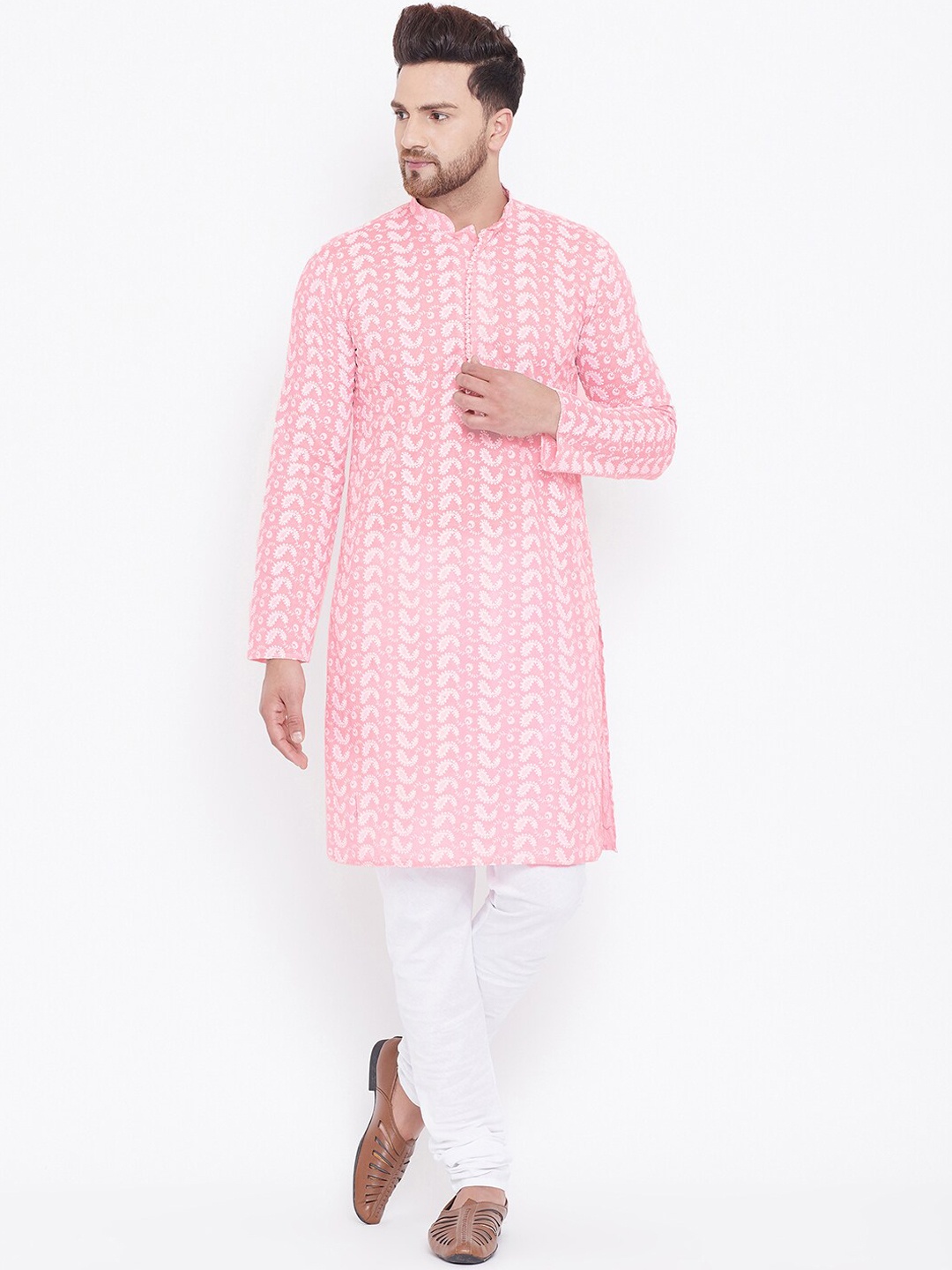 VASTRAMAY Men Pink & White Printed Kurta with Churidar