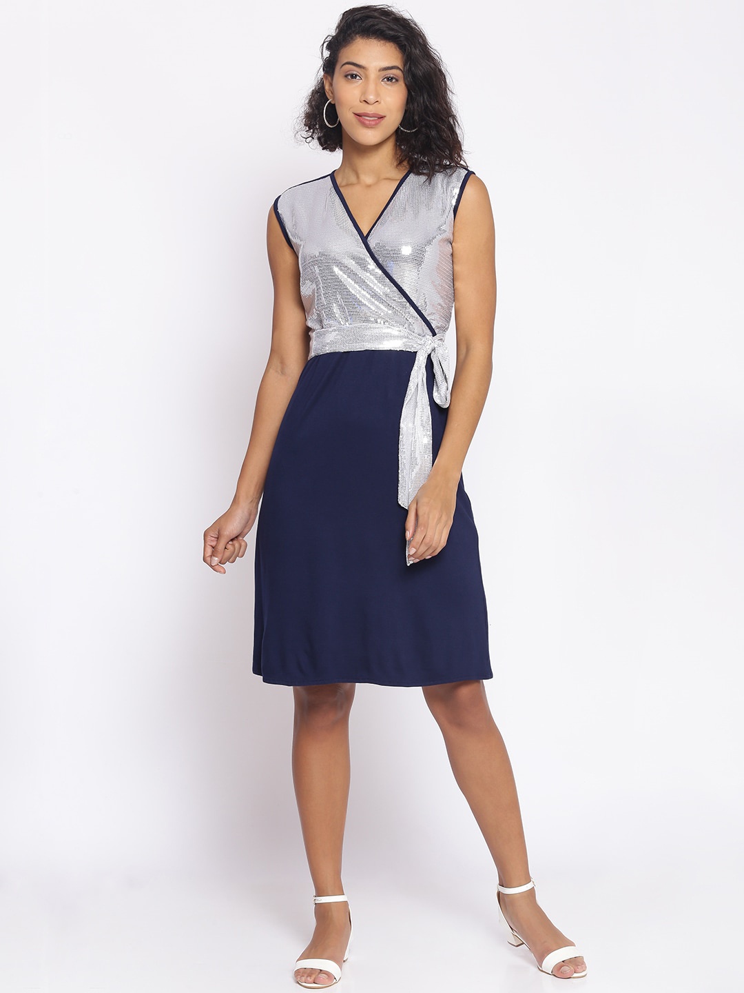 Cottinfab Women Navy Blue Colourblocked Embellished Wrap Dress