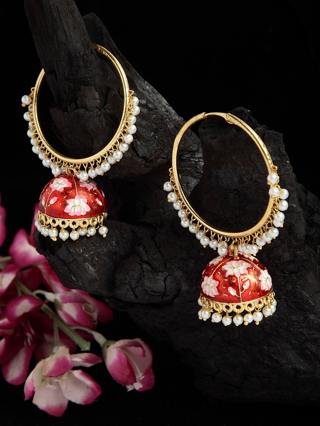 Moedbuille Pearls Studded Handpainted Meenakari Design Gold Plated Handcrafted Brass Jhumkas, Red
Moedbuille Pearls Studded Handpainted Meenakari Design Gold Plated Handcrafted Brass Jhumkas, Red