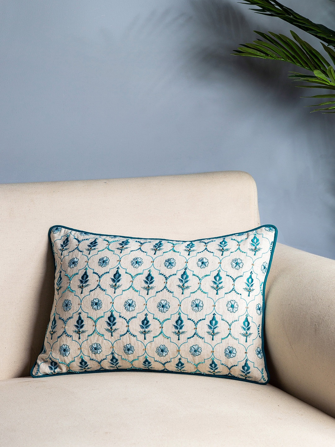 Pure Home and Living Blue & White Set of Single Ethnic Motifs Rectangle Cushion Covers