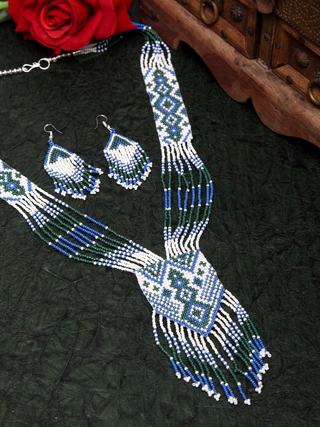 Moedbuille Hand Woven White & Blue Beaded Layered Tasselled Design Handcrafted Afghan Jewelry Set
Moedbuille Hand Woven White & Blue Beaded Layered Tasselled Design Handcrafted Afghan Jewelry Set