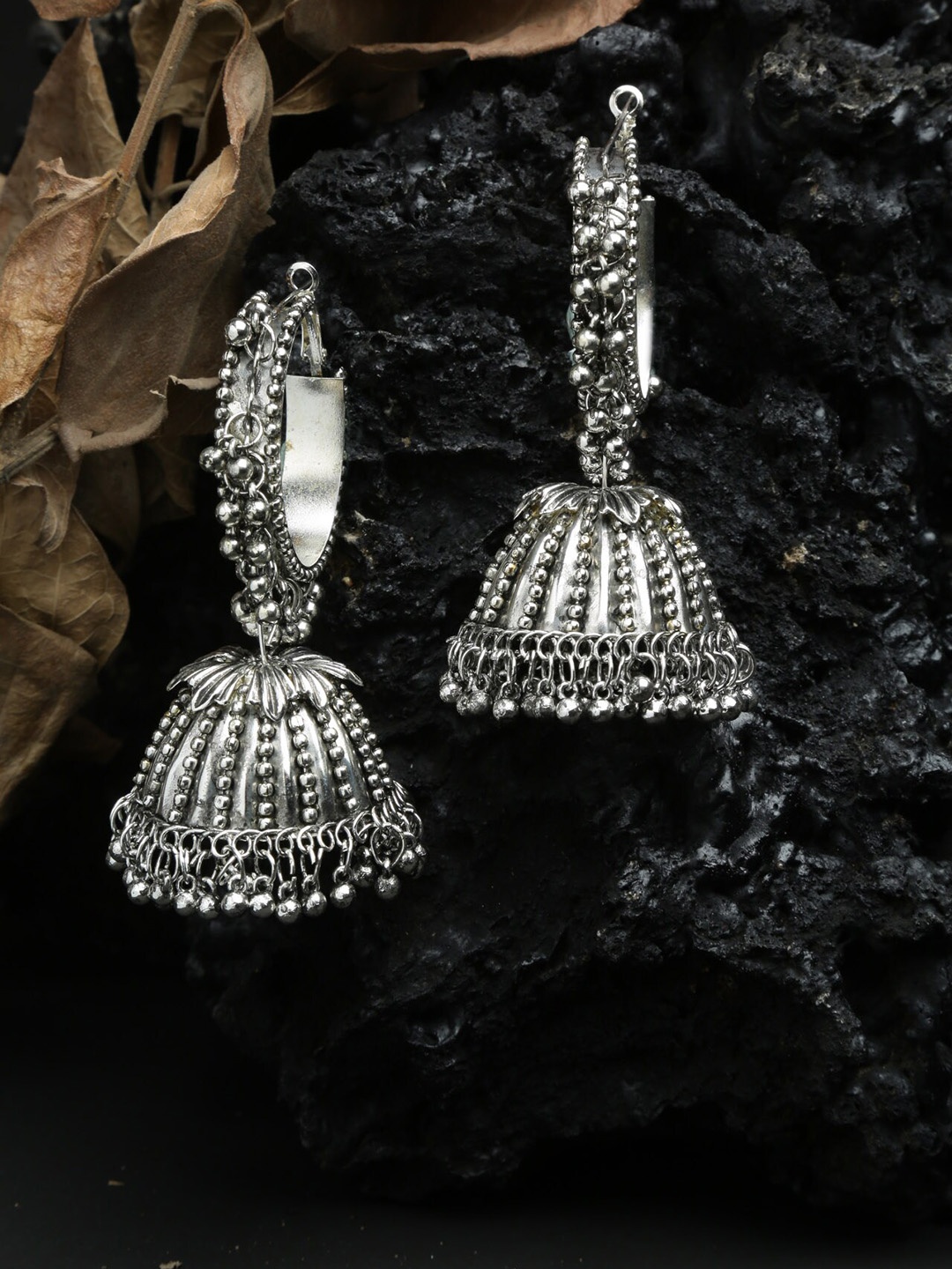 Moedbuille Beads Studded Tribal Design Oxidised Silver Plated Handcrafted Chandelier Jhumkas
Moedbuille Beads Studded Tribal Design Oxidised Silver Plated Handcrafted Chandelier Jhumkas