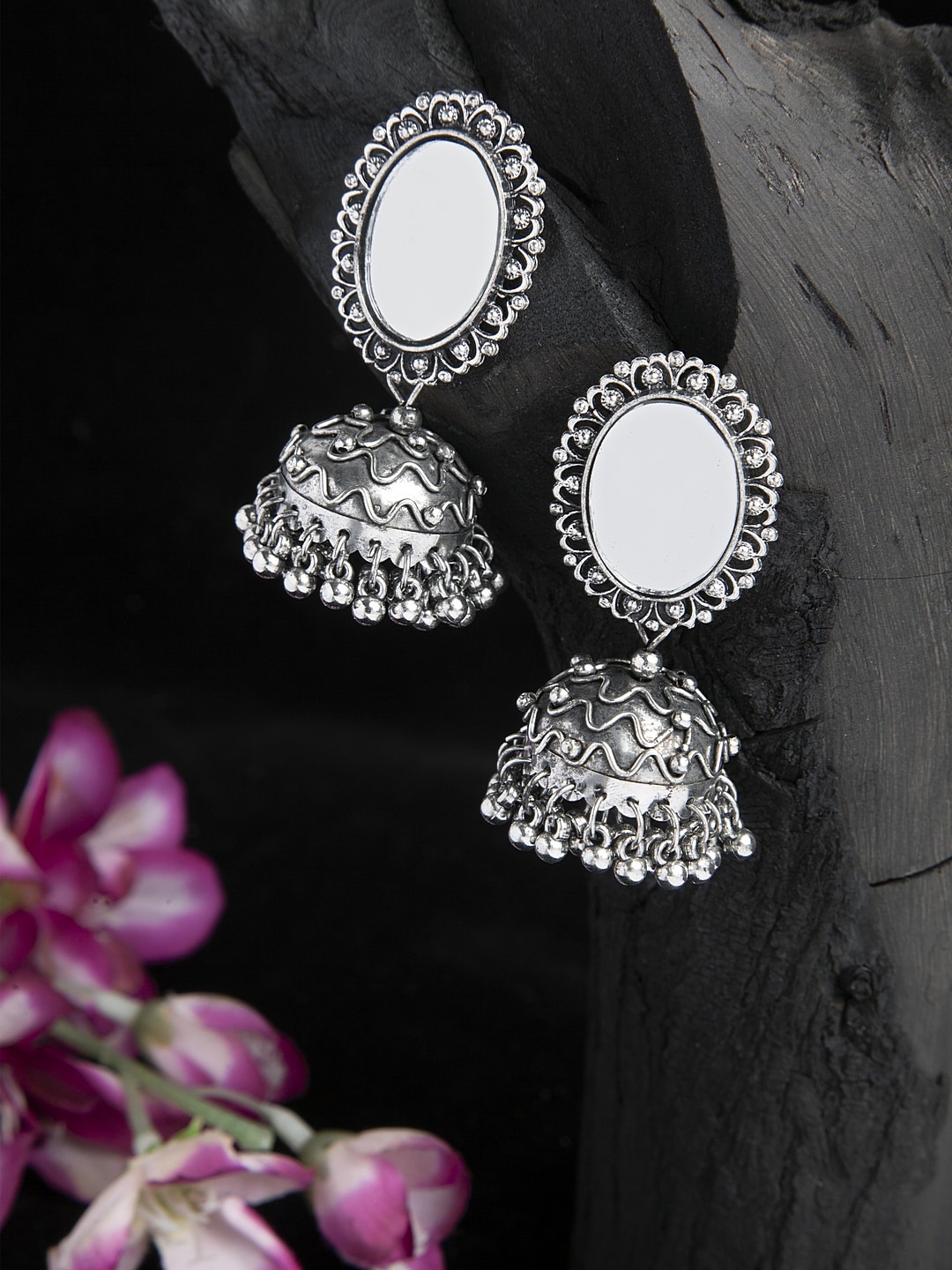 Moedbuille Mirror Studded Chandelier Design Oxidised Silver Plated Handcrafted Jhumkas
Moedbuille Mirror Studded Chandelier Design Oxidised Silver Plated Handcrafted Jhumkas