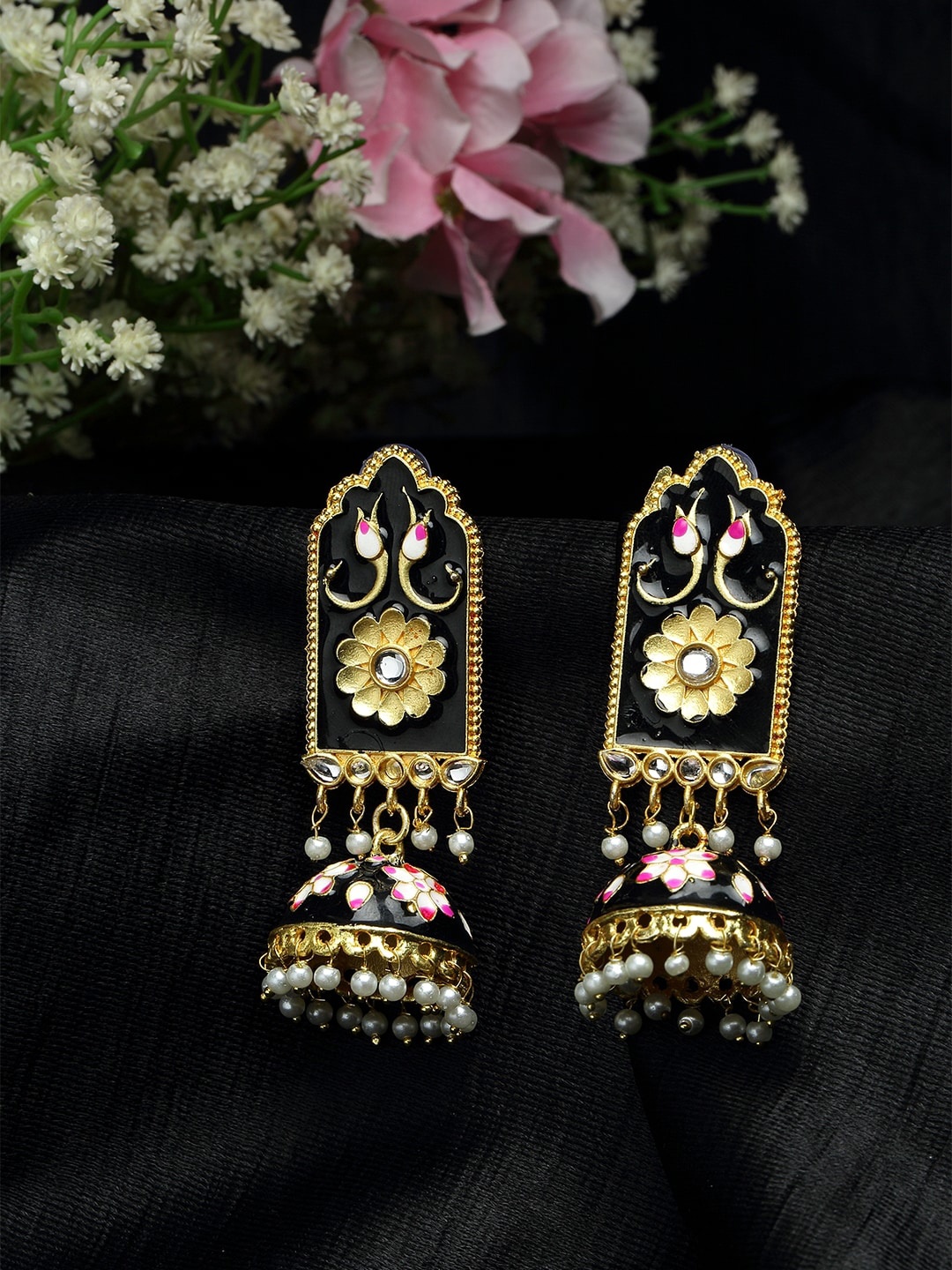 Moedbuille Kundan Studded Handpainted Black Meenakari Gold Plated Handcrafted Brass Jhumkas
Moedbuille Kundan Studded Handpainted Black Meenakari Gold Plated Handcrafted Brass Jhumkas