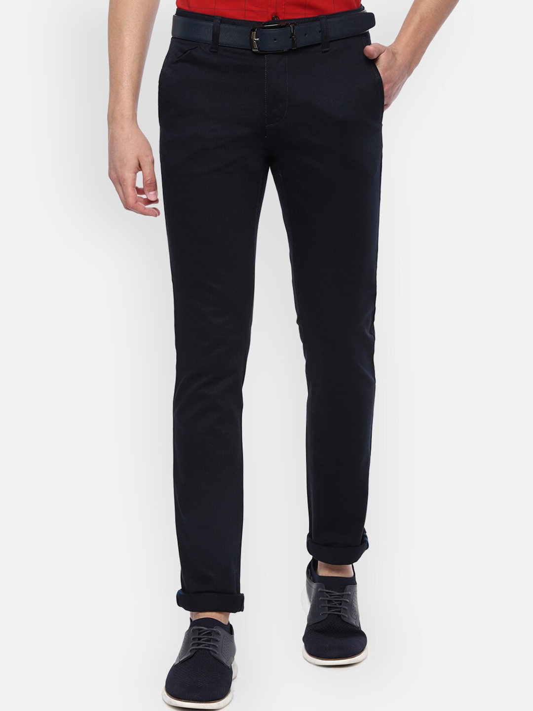 V Dot Men Navy Blue Slim Fit Solid Chinos