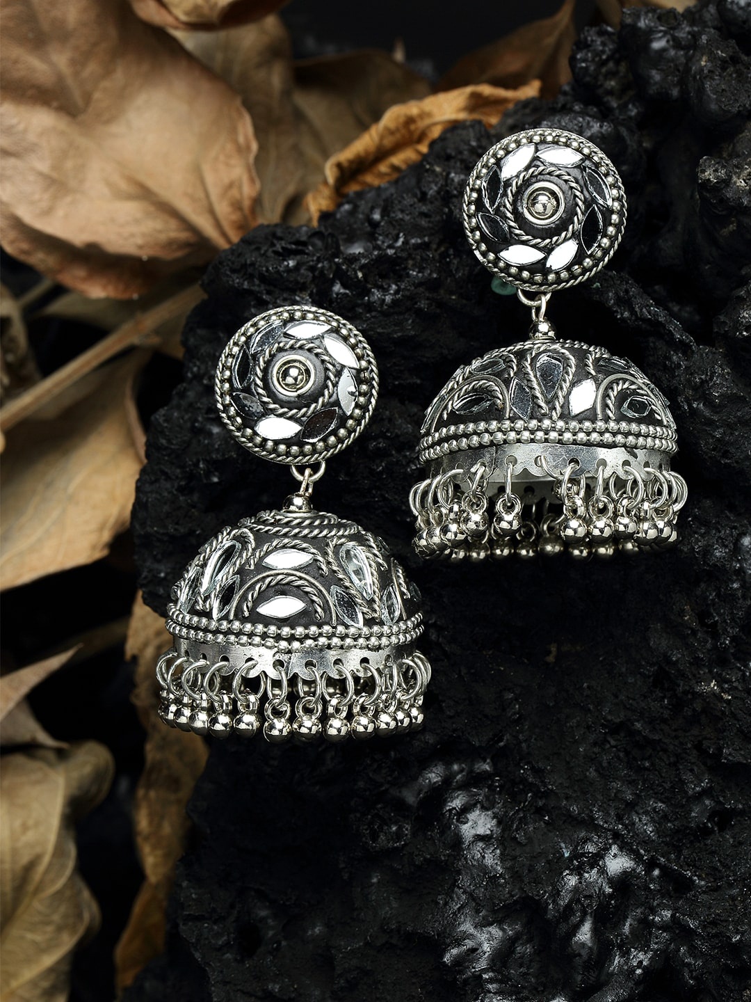 Moedbuille Mirrors Studded Afghan Design Oxidised Silver Plated Handcrafted Chandelier Jhumkas
Moedbuille Mirrors Studded Afghan Design Oxidised Silver Plated Handcrafted Chandelier Jhumkas