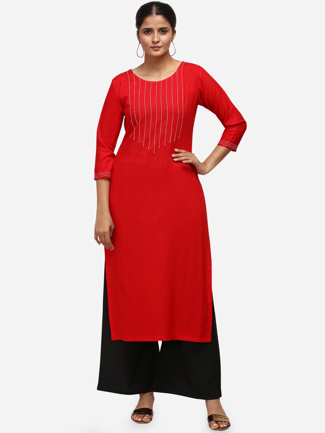 Florence Women Red Yoke Design Thread Work Kurta