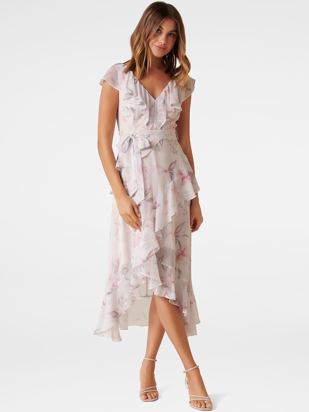 Forever New Women Off-White & Pink Printed Ruffle Wrap Dress