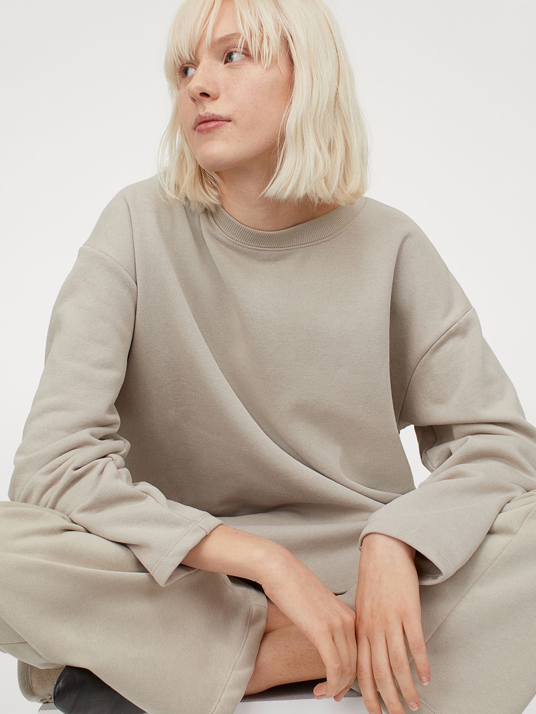 H&M Women Beige Solid Sweatshirt Dress