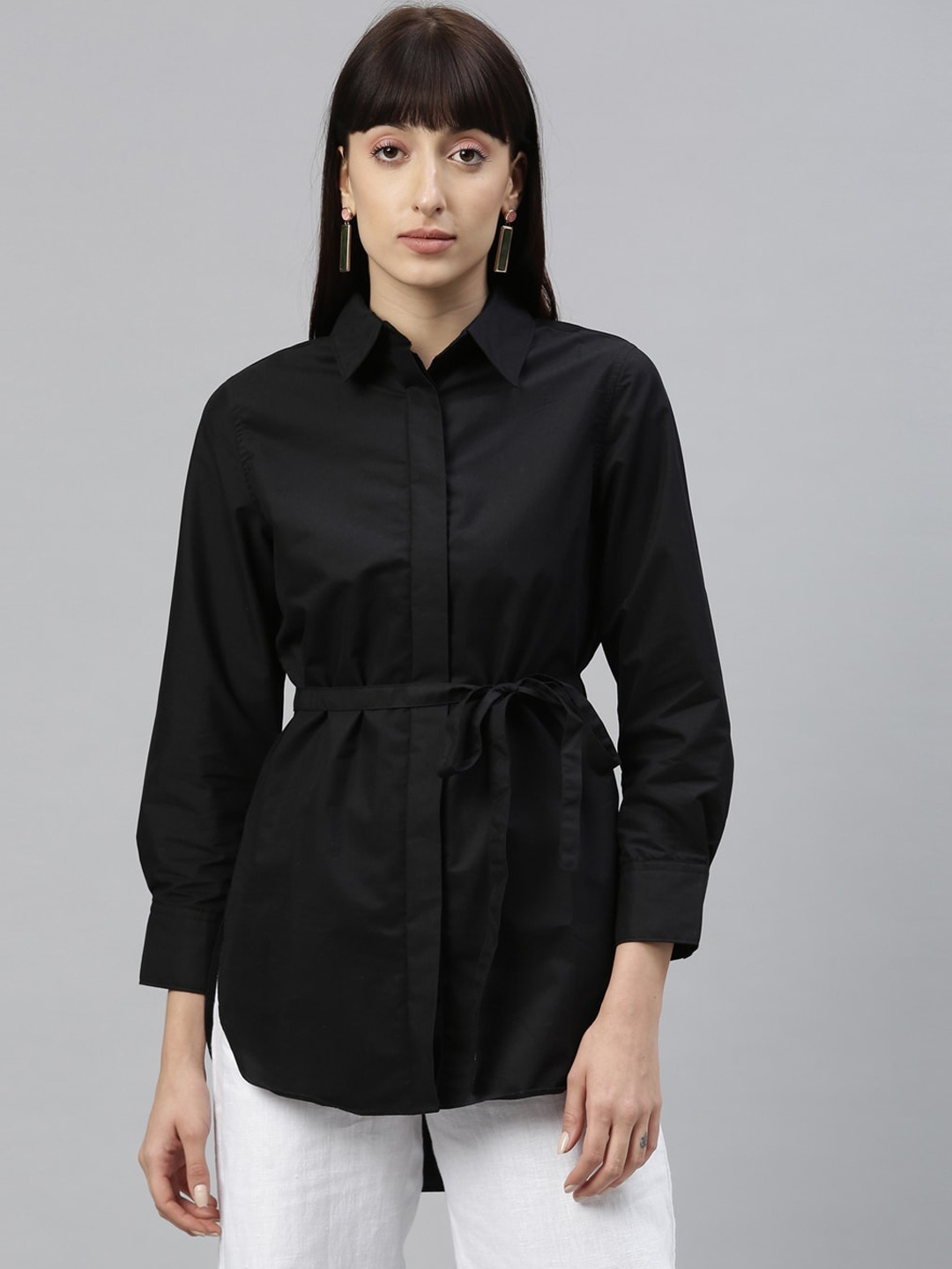 Rareism Women Black Pure Cotton Shirt Style Longline Top