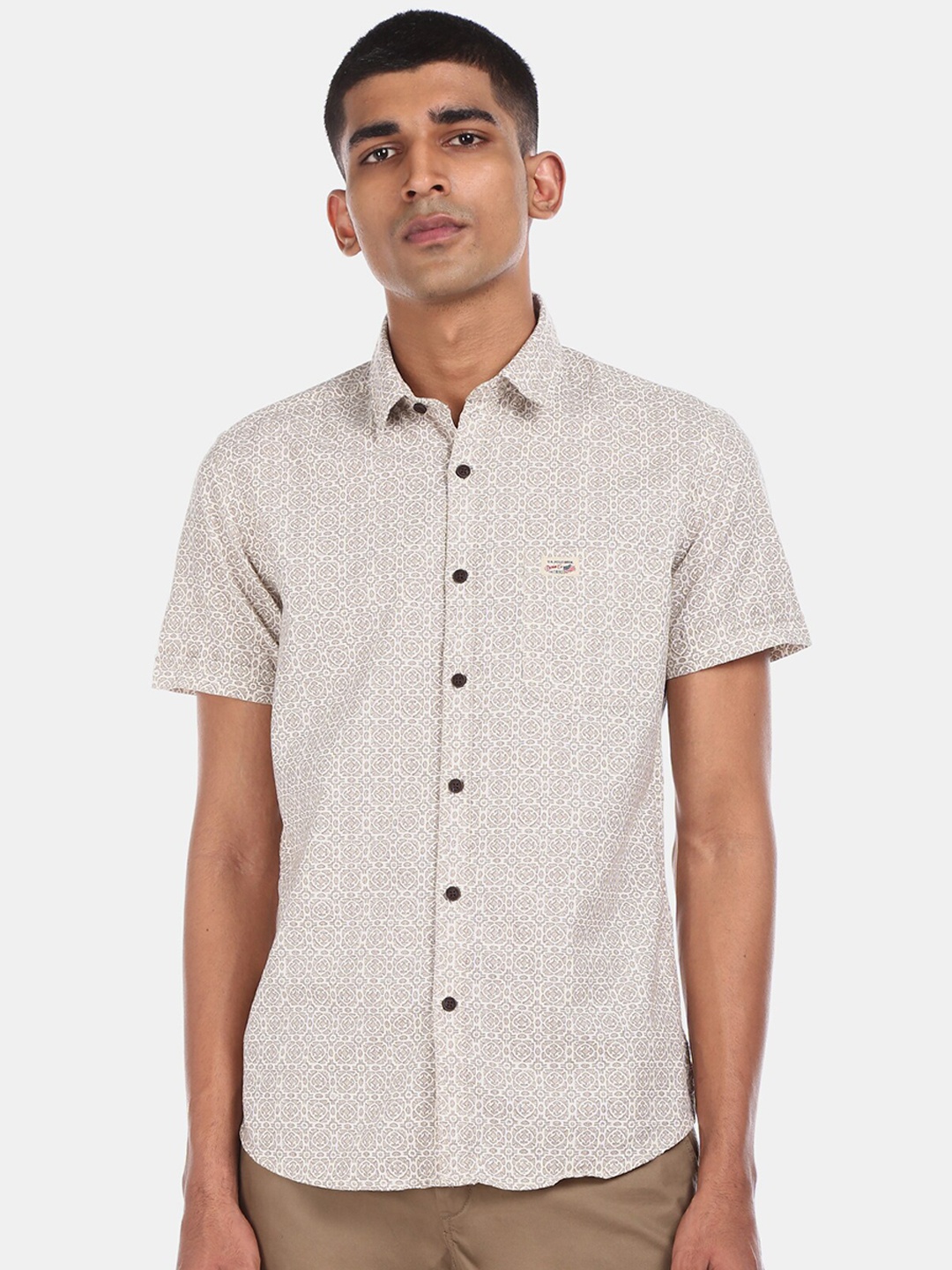 U.S. Polo Assn. Denim Co. Men Beige Regular Fit Printed Casual Shirt