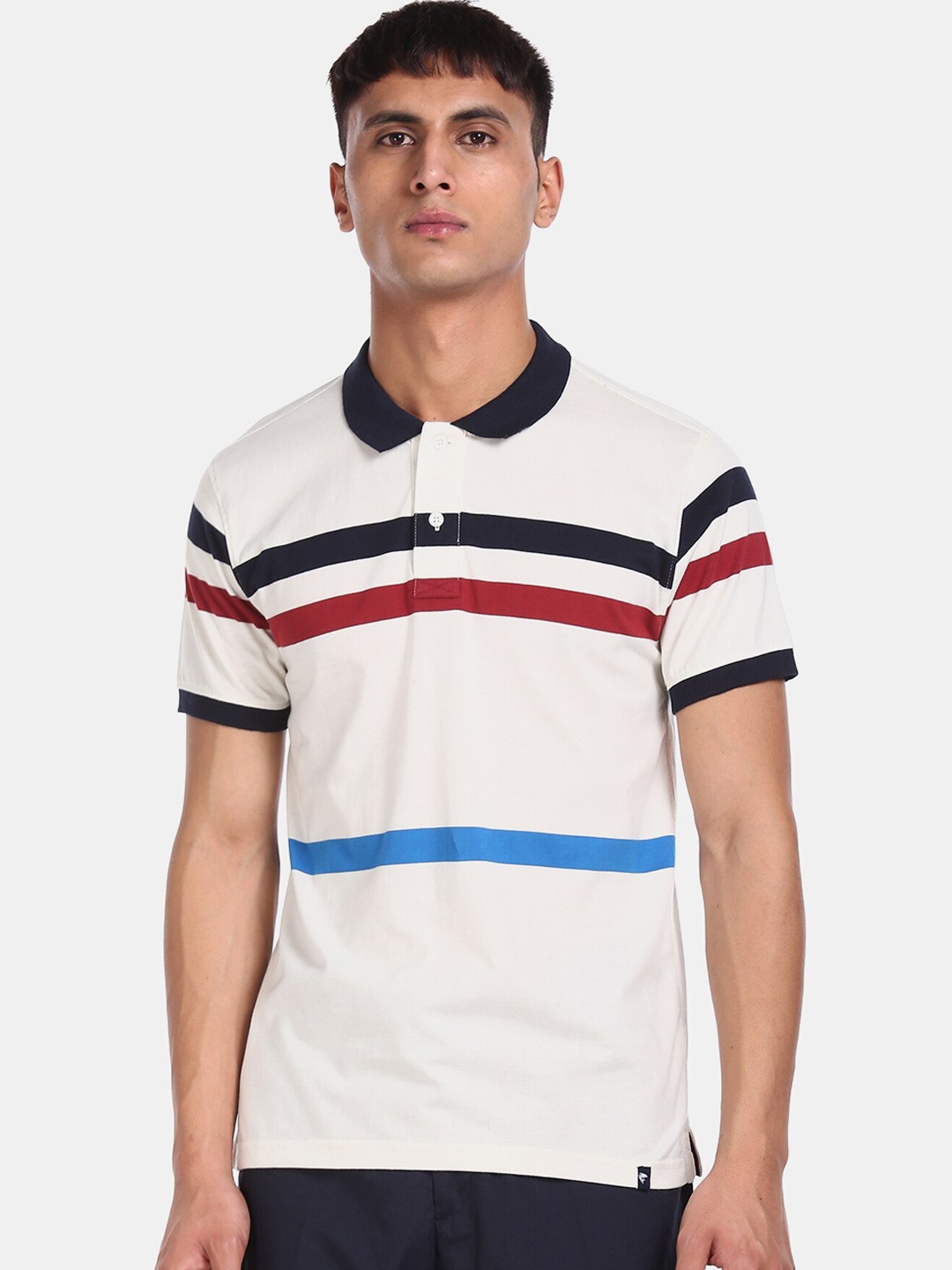 Ruggers Men Off-White & Navy Blue Striped Polo Collar T-shirt