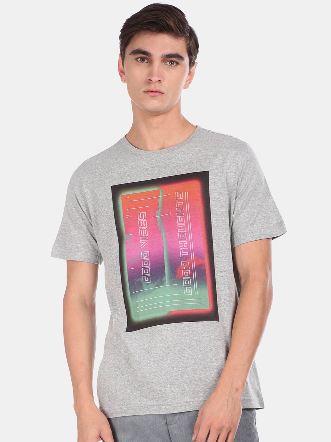 Colt Men Grey Printed Round Neck T-shirt