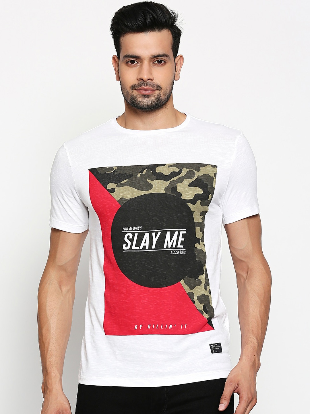 People Men Off-White Printed Round Neck T-shirt
