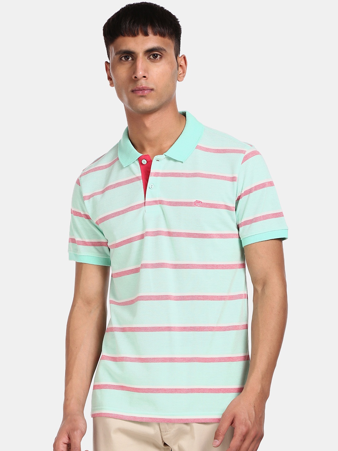Ruggers Men Green Striped Polo Collar T-shirt