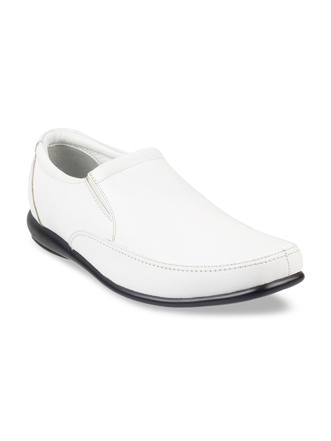 Mochi Men White Solid Leather Formal Slip-Ons