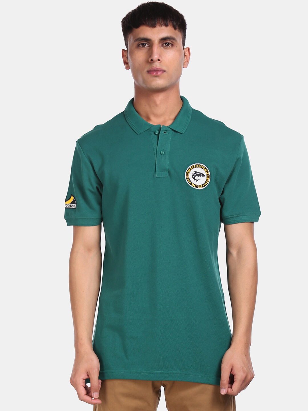 Ruggers Men Teal Green Solid Polo Collar T-shirt