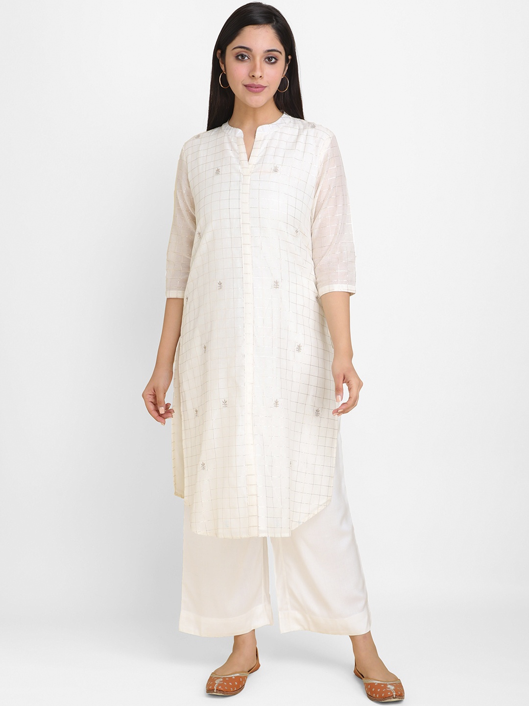 Lal10 Women Off White & Gold-Coloured Mandarin Collar Checked Silk Kurta