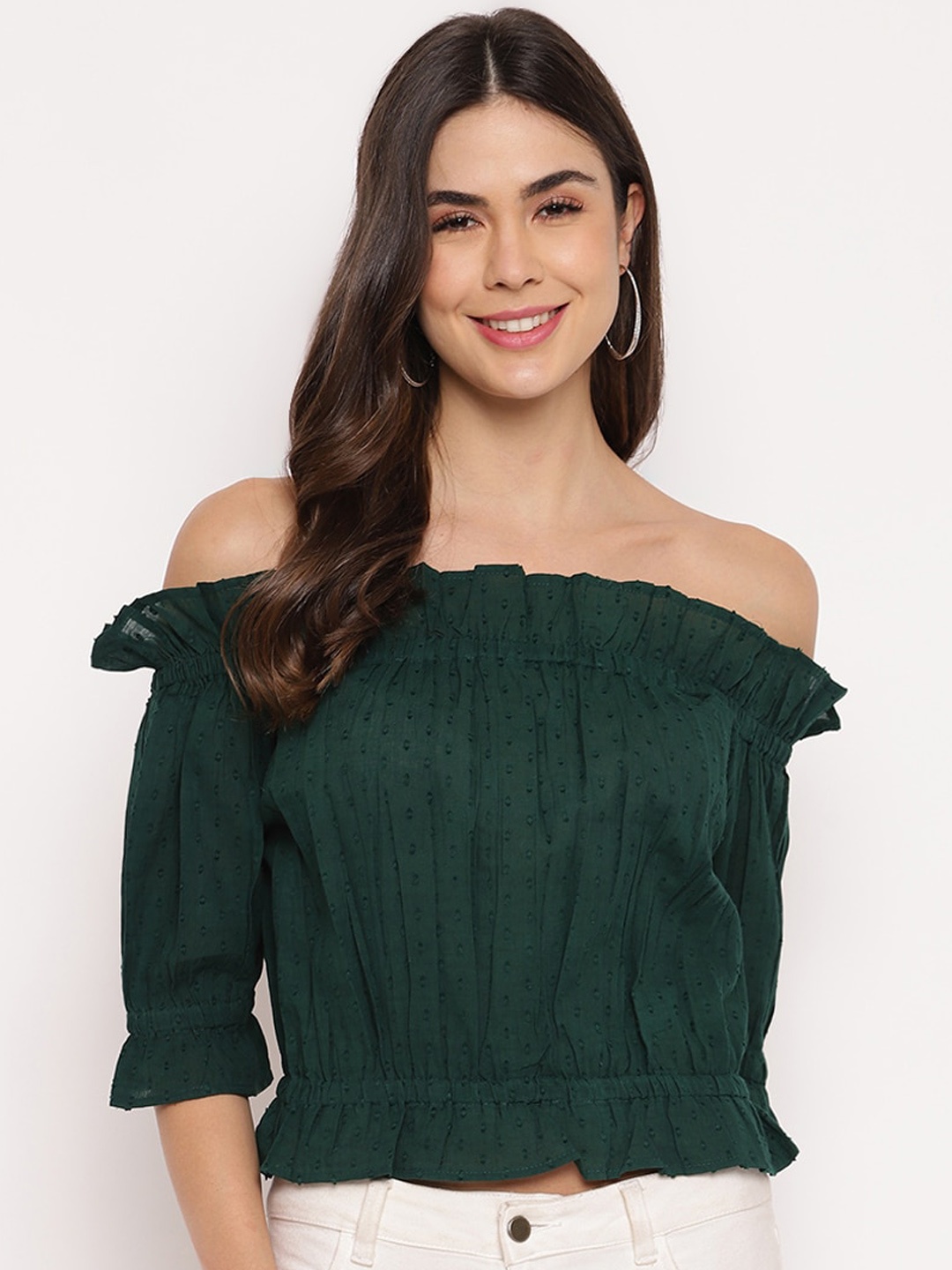 Mayra Women Green Self Design Pure Cotton Bardot Crop Top