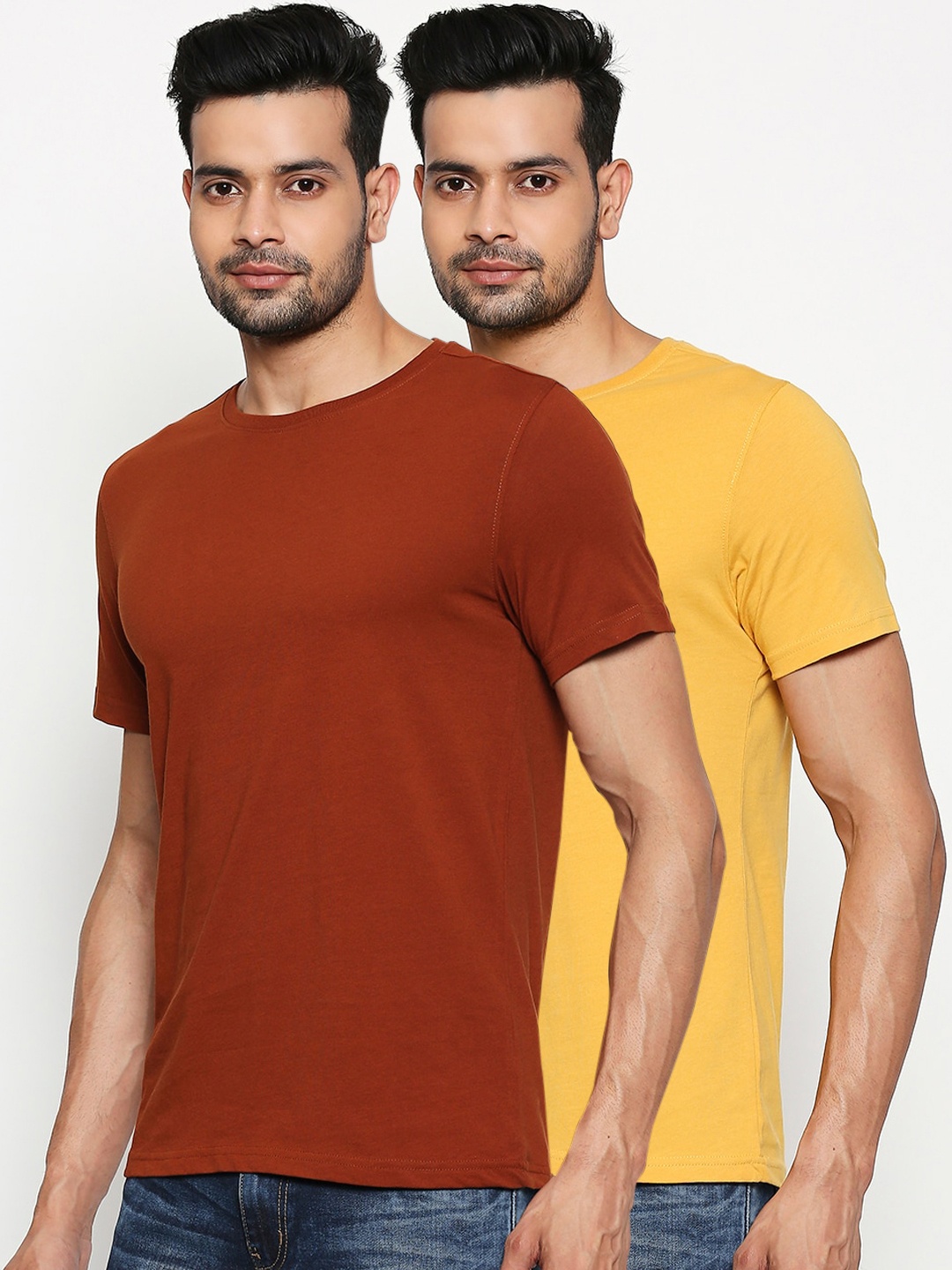 BYFORD by Pantaloons Men Pack Of 2 Solid Round Neck Pure Cotton T-shirt, Yellow