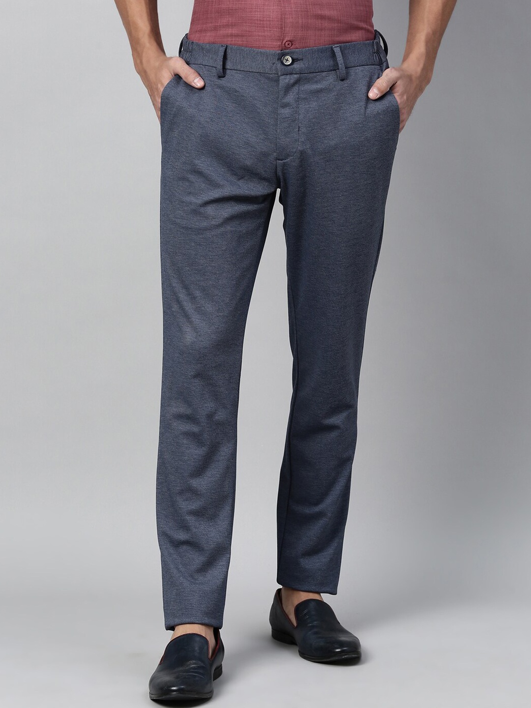 RARE RABBIT Men Blue Solid Regular Trousers, Navy blue