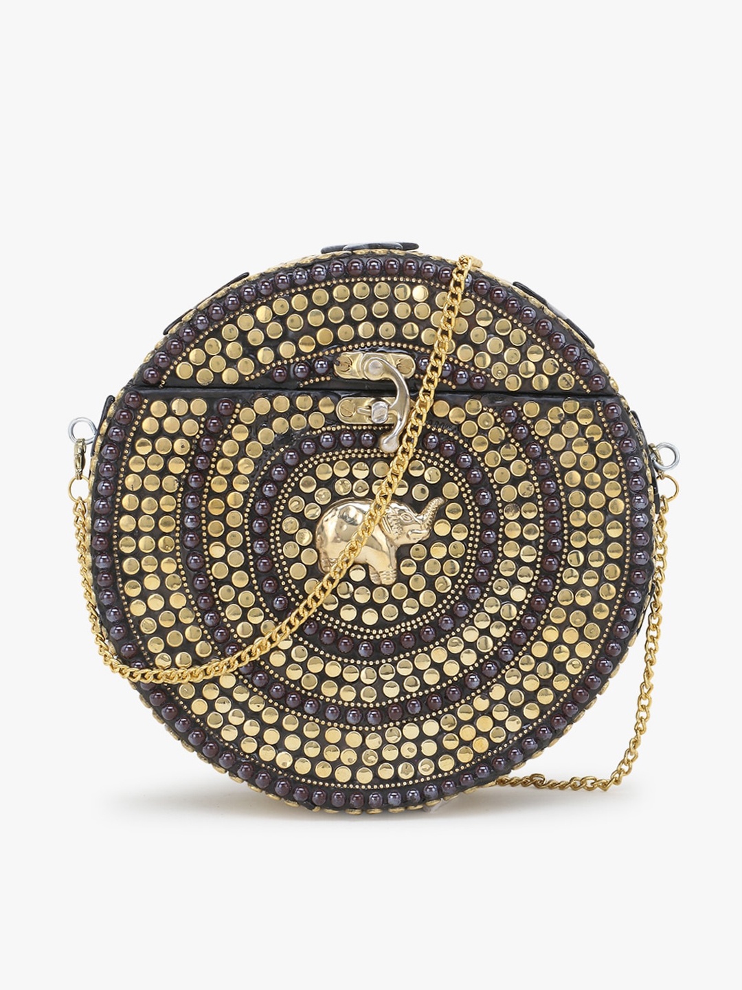 Anekaant Black & Gold-Toned Textured Embellished Clutch
