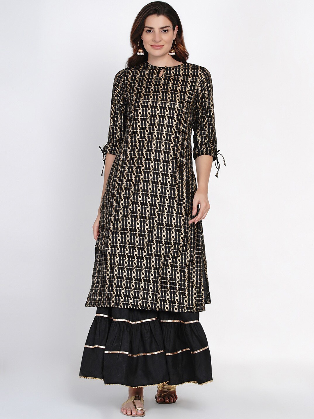 Bhama Couture Women Black & Gold-Toned Printed Kurta with Sharara