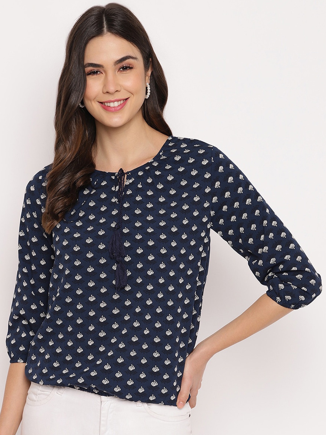 Mayra Women Navy Blue Floral Printed Blouson Top