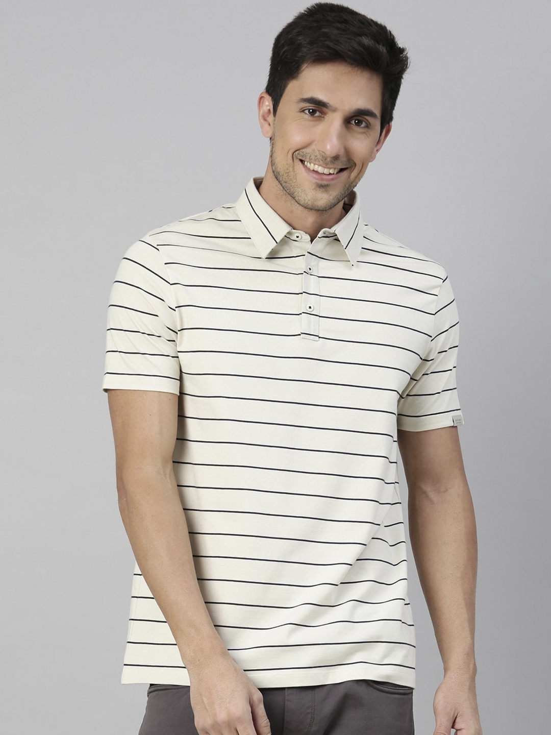RARE RABBIT Men Off-White Striped Polo Collar T-shirt