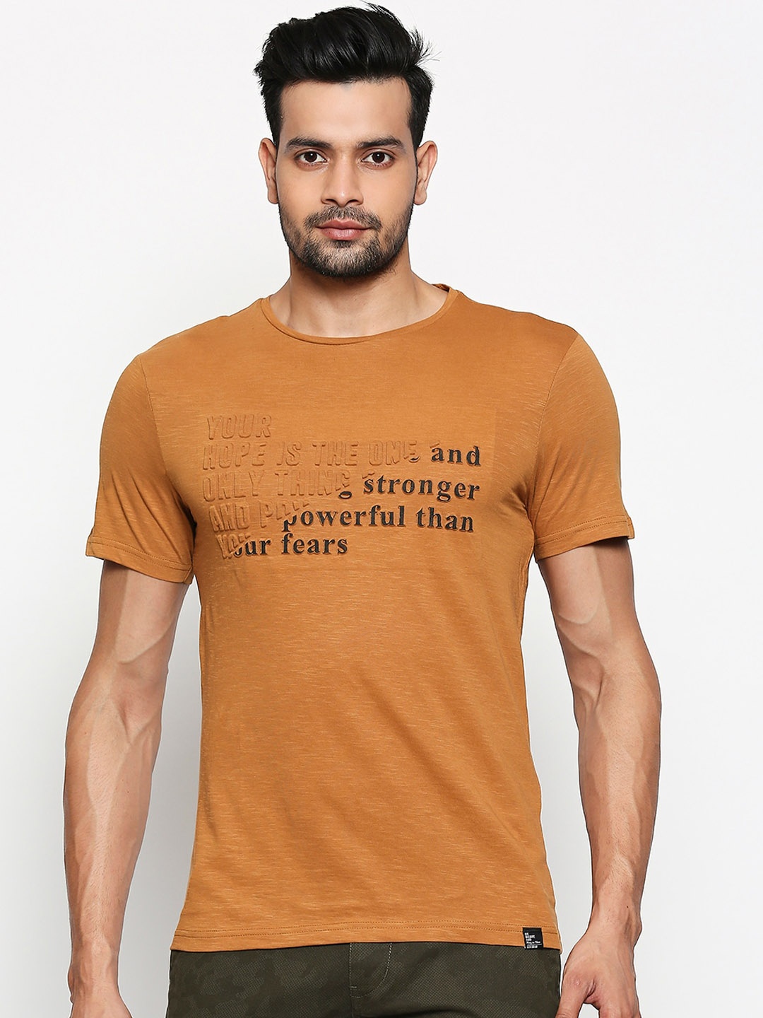 People Men Rust Brown Printed Round Neck T-shirt