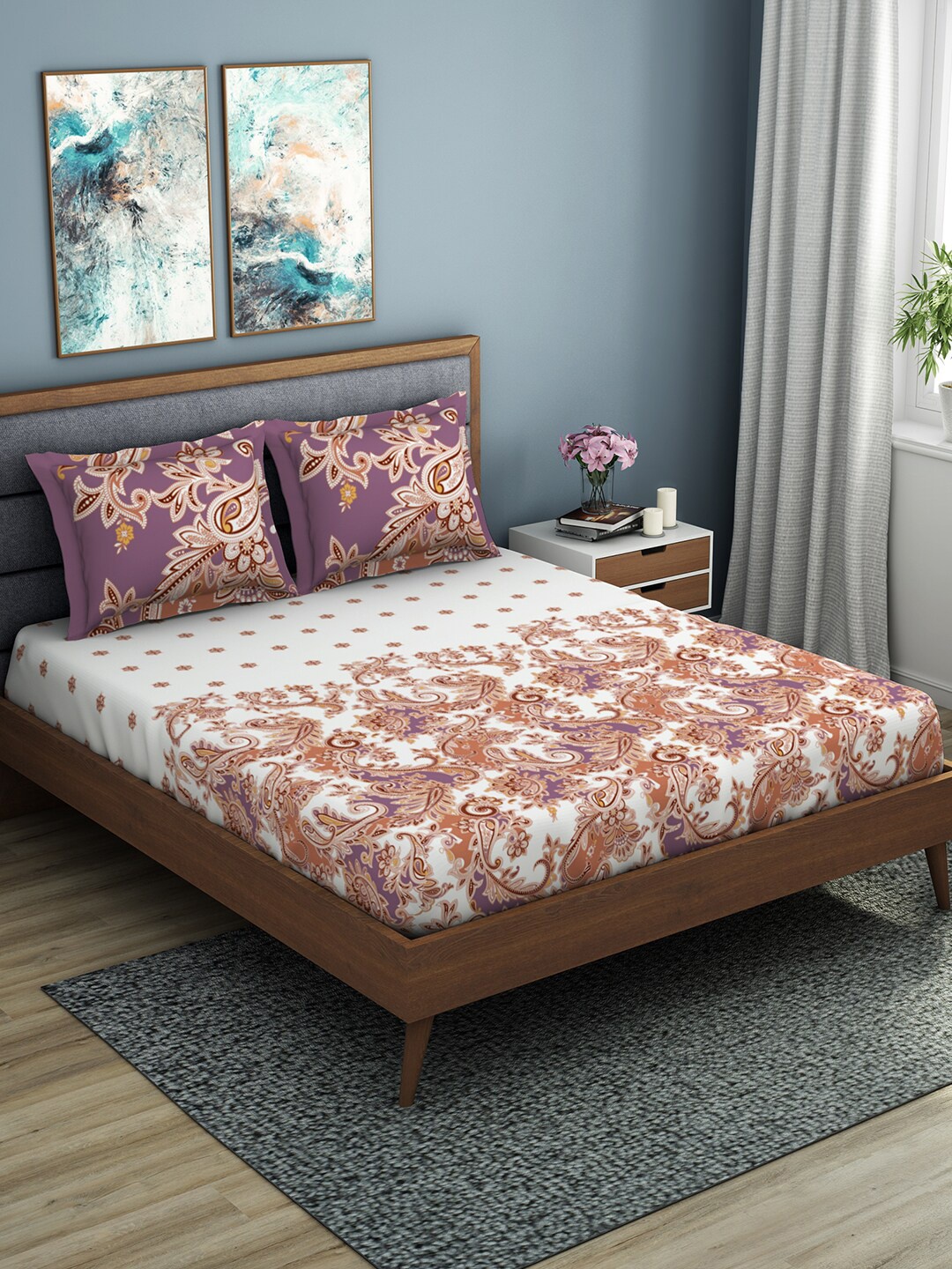SPACES White & Purple Ethnic Motifs 210 TC Cotton 1 King Bedsheet with 2 Pillow Covers
SPACES White & Purple Ethnic Motifs 210 TC Cotton 1 King Bedsheet with 2 Pillow Covers
